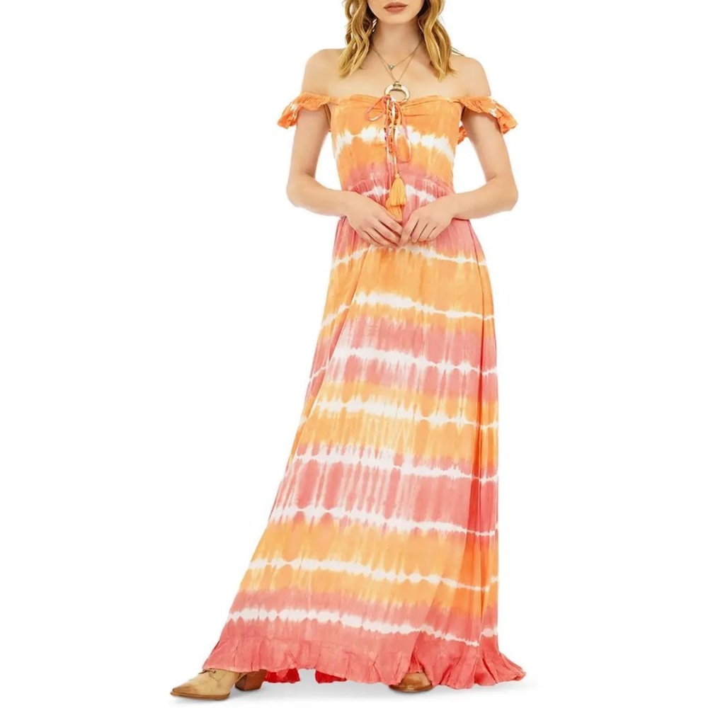 TIARE HAWAII *Cheyenne* pink orange tie dye off shoulder boho maxi dress OS